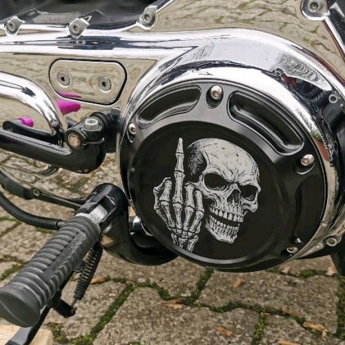 Preview: Motordeckel - Derby-Cover - schwarz - mit Lasergravur → Fuck You Skull