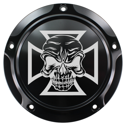 Motordeckel - Derby-Cover - schwarz - mit Lasergravur → Cross & Skull 02