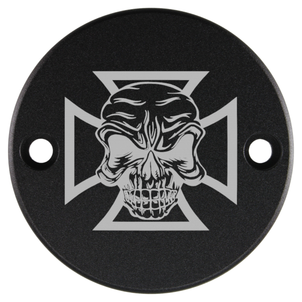 Motordeckel - Point-Cover - schwarz - mit Lasergravur → Cross & Skull 02