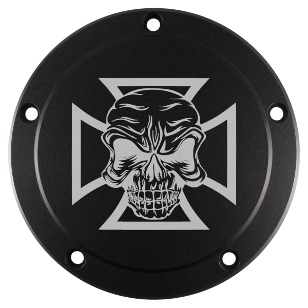 Motordeckel - Derby-Cover - schwarz - mit Lasergravur → Cross & Skull