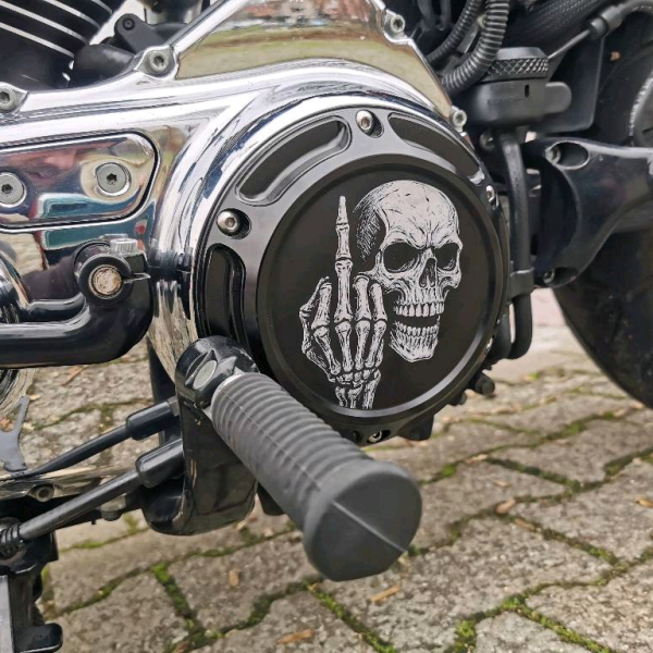 Motordeckel - Derby-Cover - schwarz - mit Lasergravur → Fuck You Skull