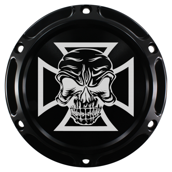 Motordeckel - Derby-Cover - schwarz - mit Lasergravur → Cross & Skull 01