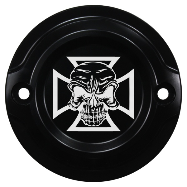 Motordeckel - Point-Cover - schwarz - mit Lasergravur → Cross & Skull 02