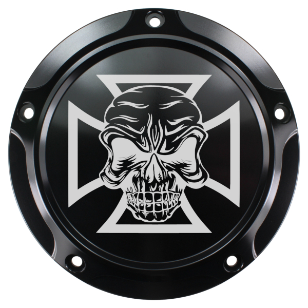 Motordeckel - Derby-Cover - schwarz - mit Lasergravur → Cross & Skull 02